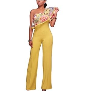 Yellow floral one shoulder jumpsuit